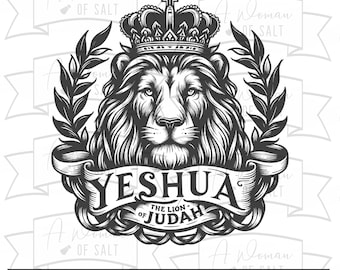 May include: Black and white illustration of a lion's head wearing a crown with the text "Yeshua, The Lion of Judah" on a banner.