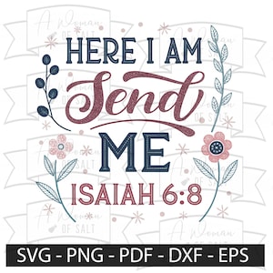 Op de afbeelding: Een digitaal ontwerp met een bloemige rand met roze en blauwe bloemen. Het ontwerp bevat de tekst "Here I Am Send Me Isaiah 6:8".