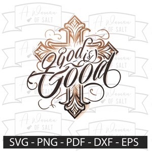 Op de afbeelding: Een bruin kruis met een decoratief ontwerp en de tekst "God is Good" in een gestileerd lettertype.