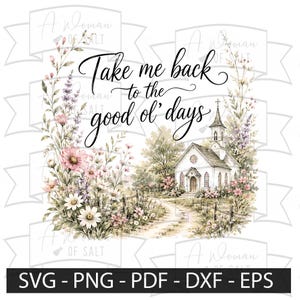 Op de afbeelding: Een digitaal grafisch ontwerp met een witte kerk met een kerktoren, een zandpad en een houten hek omringd door roze en witte wilde bloemen. De tekst "Take me back to the good ol' days" staat in zwarte cursieve letters boven de scène.