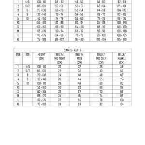 May include: A chart showing size, age, height, chest, waist, hips, girth, belly/mid tight, belly/knee, belly/mid calf, and belly/hankle measurements for tutus, leotards, skirts, and pants.