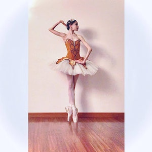 Puede incluir: Una bailarina con un tut&uacute; blanco y un corpi&ntilde;o dorado y marr&oacute;n, de pie de puntillas con zapatillas de punta. La bailarina est&aacute; en un estudio de danza con una pared blanca y un suelo de madera.