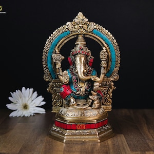 Ganesh Statue | 25 Cm Brass Lord Ganesha | Good luck God | Lord Vinayaka | Temple Ganesh With Stone Work | Hindu God | Ganesha Idol Gift |