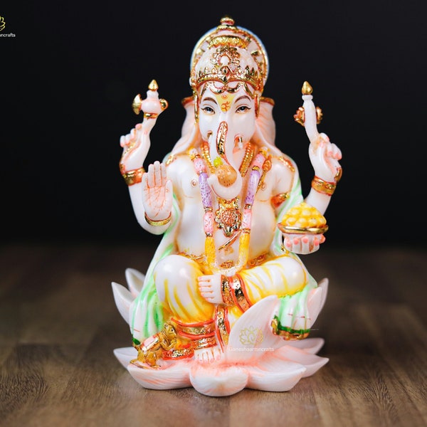 Ganesha Statue | Lotus Flower Ganesha | Elephant God | God of wisdom | Lord of Obstacles | Hindu God | Good luck God| Cultured Marble Ganesh