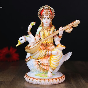 Saraswati Statue | 21 CM | Sarasvati Statue | Goddess Saraswati on Swan | Goddess of Knowledge | Music | Art | Wisdom | Hindu Goddess |