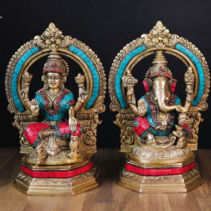 Ganesh Lakshmi statue | Diwali Puja Idol | God of Wisdom | Goddess of Wealth | Family Gift | Hindu God Goddess | 25 Cm Brass Laxmi Ganesh |
