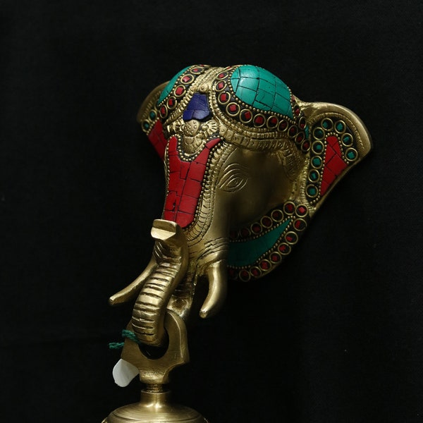 Hanging Ganesha | Brass Hanging Elephant With Bell | Ganesha Outdoor Bell | Wall Hanging Elephant with Bell |Brass Ganesha with Stone Work|