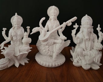 Lakshmi Ganesh Saraswati Idol: Marble Dust Hindu Gods, Diwali Puja