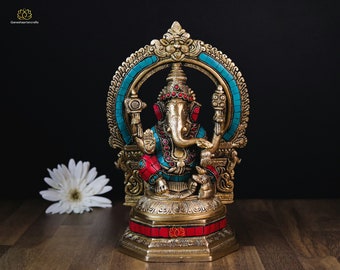 Estatua de Ganesh de latón: ídolo del dios hindú con detalles en piedra (25 cm)