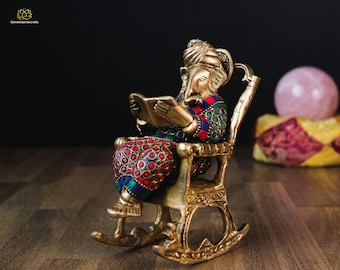 Brass Ganesh Statue on Rocking Chair: Inlay Stone Home Decor (17cm)