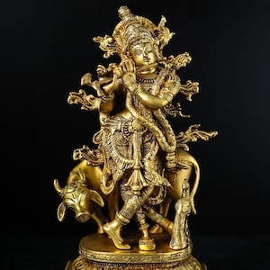 Cow Krishna Idol | Decorative Krishna | Brass Cow Krishna Idol | Lord Narayana | Flute Krishna | 13 Inch | Divine Love God | Laddu Gopal |