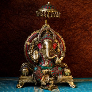 Large Brass Ganesha Statue with Stone Work - Diwali Idol (49 CM)