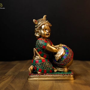 Brass Baby Krishna Statue: Laddu Gopal Murti with Butter