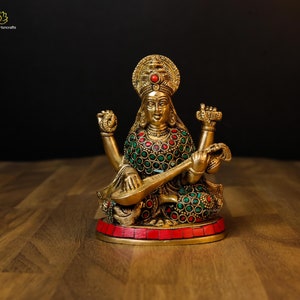 Saraswati Statue | Brass Saraswati Idol With Inlay Stone | Veena Saraswati | Goddess of Knowledge | Savitri Statue | Goddess of Music |Art