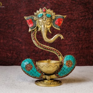 Ganesha Diya | Abstract Ganesha | Modern Art Ganesh Diya | Oil Wick Brass Diya  | Mosaic Stone Work Diya | Decorative Ganesha | Ganpati Idol