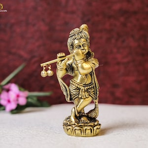 Brass Baby Krishna Statue: Flute Idol, Hindu God Vishnu