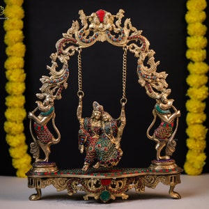 Radha Krishna Statue | 45CM | Beautiful Brass Krishna Radha Jhoola Inlay Work | Swing Krishna Radha Idol | Couple Gifts | Laxmi Narayana |