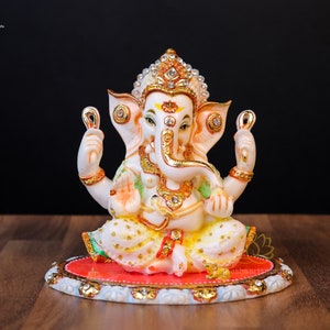 Hand Painted Ganesha Statue: Cultured Marble Elephant God