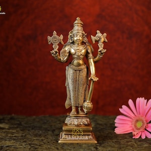Brass Vishnu Statue: Hindu God of Protection, Narayana Idol