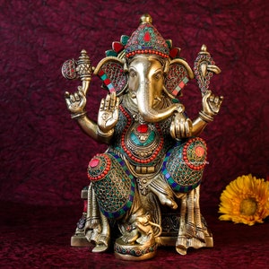Large Brass Ganesha Statue: Handmade Inlay Work, God of New Beginnings (36CM)
