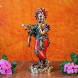 Brass Lord Krishna Statue with Stone Work - Hare Krishna Idol (28 CM)