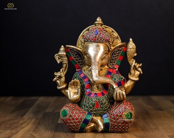 Ganesh Statue | Brass Lord Ganesha | Good luck God | Home Decor Idol |Ganesh with Stone Work | Elephant Head God | Hindu God | Ganesha Idol