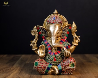 Brass Ganesh Statue: Hindu God Idol with Stone Work