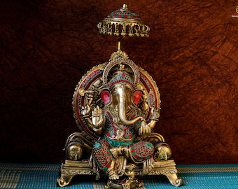 Large Brass Ganesha Statue with Stone Work - Diwali Idol (49 CM)