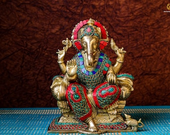 Brass Ganesha Statue with Stone Inlay - God of Luck (24 CM)
