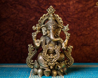 Ganesh statue Brass Handcrafted Lotus Ganpati Idol For Diwali Puja N home Decor (10Inch)