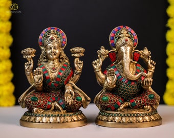 Lakshmi Ganesh Idol | 8.5 Inch Laxmi Ganpati Statue | Brass With Stone Decorative Ganesha | Beautiful Laxmi Murti | Diwali Puja Idol |