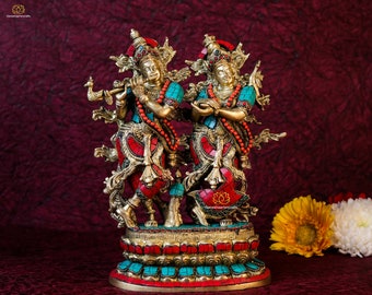Messing Radha Krishna Statue: Inlay Stone Hindu Idol (29 CM)