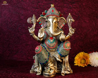 Gran estatua de Ganesha de latón: incrustaciones artesanales, dios de los nuevos comienzos (36 cm)