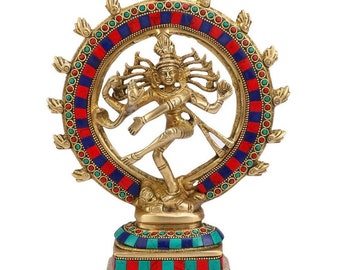 Messing Nataraja Statue: 24 cm Shiva Tanz Idol mit Inlay Stein