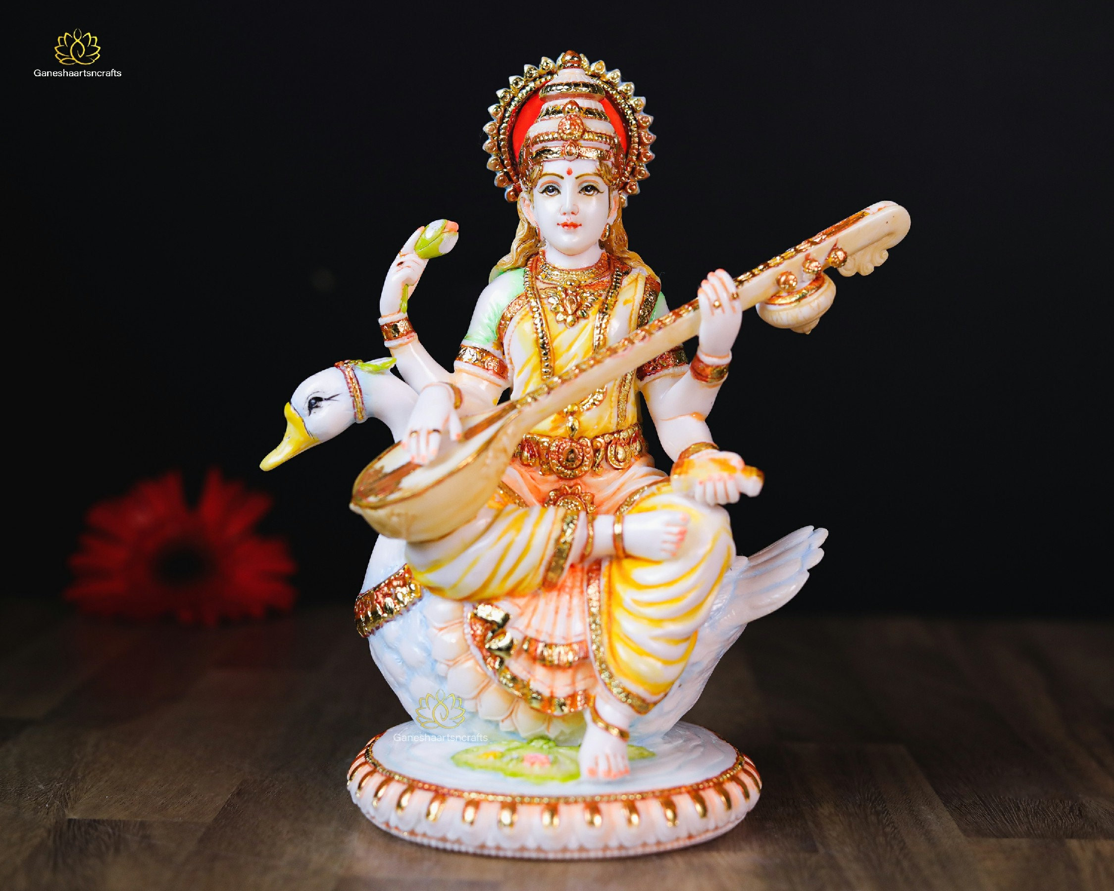白鳥に乗ったサラスワティ女神像：接着ブロンズ製ヒンドゥー美術