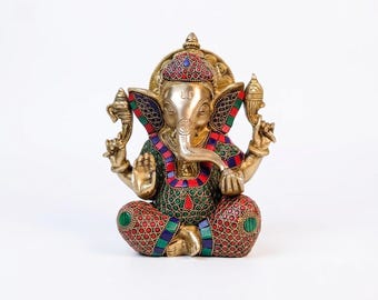 Estatua de Ganesh de latón con incrustaciones de coral turquesa, decoración para el hogar con temática del dios hindú (20 cm)
