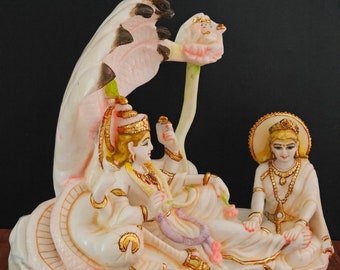 【健康・長寿・子宝】 瑪瑙⭐️月⭐️白シュガー⭐️トルマリン共生⭐️台座付き N111 Vishnu Lakshmi Statue: Hand-painted Laxmi Narayan Idol on Cultured