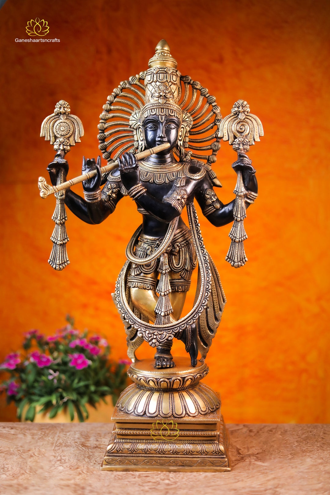 Large Brass Krishna Statue: Four-hand Flute Idol, Indian Art (61cm)