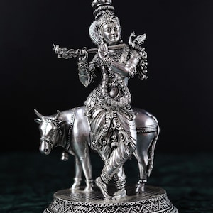 Cow Krishna Statue | Lord Krishna Idol | Brass Cow Krishna With Silver Coated | Lord Narayana | Flute Krishna | Decorative Idol | 16.5 CM |