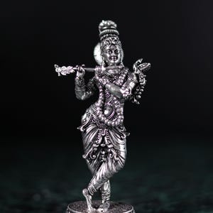 Krishna Idol | Lord Krishna Statue In Silver Coated | Brass 14 Cm Krishna  | Lord Narayana | Flute Krishna | Decorative Idol | Wedding Gift