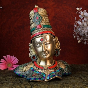 Brass Parvati Bust: Hindu Goddess Gauri Head Statue