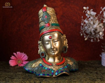 Busto de Parvati de latón: Estatua de la cabeza de la diosa hindú Gauri