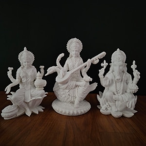 Lakshmi Ganesh Saraswati-staty, vit odlad marmor Diwali Puja-idol, 19 cm