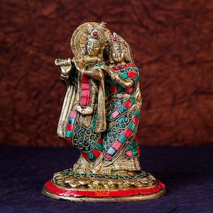 Brass Radha Krishna Idol with Stone Work: Divine Couple Statue (19cm)