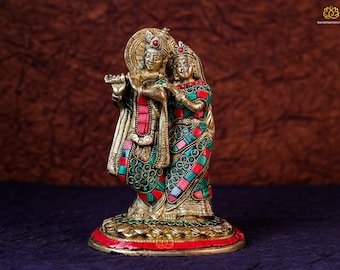 Brass Radha Krishna Idol with Stone Work: Divine Couple Statue (19cm)