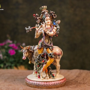 Cow Krishna Statue | Lord Krishna Statue | Cultured Marble Hand Painted Krishna Idol | Lord Narayana | Flute Krishna | Radha Krishna | 27 CM