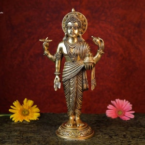 Brass Dhanvantari Statue: Hindu God of Medicine, 15.5 Inch