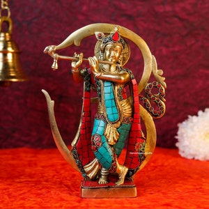 Flute Krishna Statue: Brass Hindu Deity, Family Gift (10 inch)