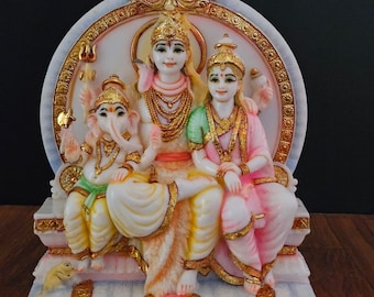 Estatua de Shiv Parivar: Ídolo de la familia Shiva pintado a mano en polvo de mármol