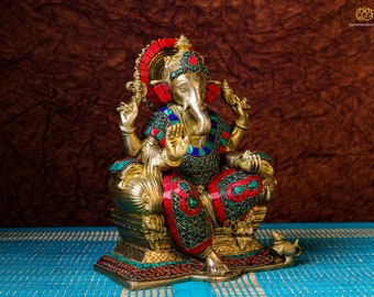 石象嵌入り真鍮ガネーシャ像 - 幸運の神（24 CM） - Etsy 日本